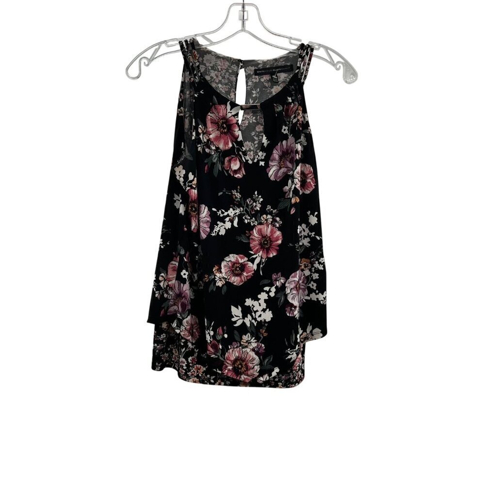 White House Black Market Layered Floral Sleeveless Top Keyhole Black/Multi XS